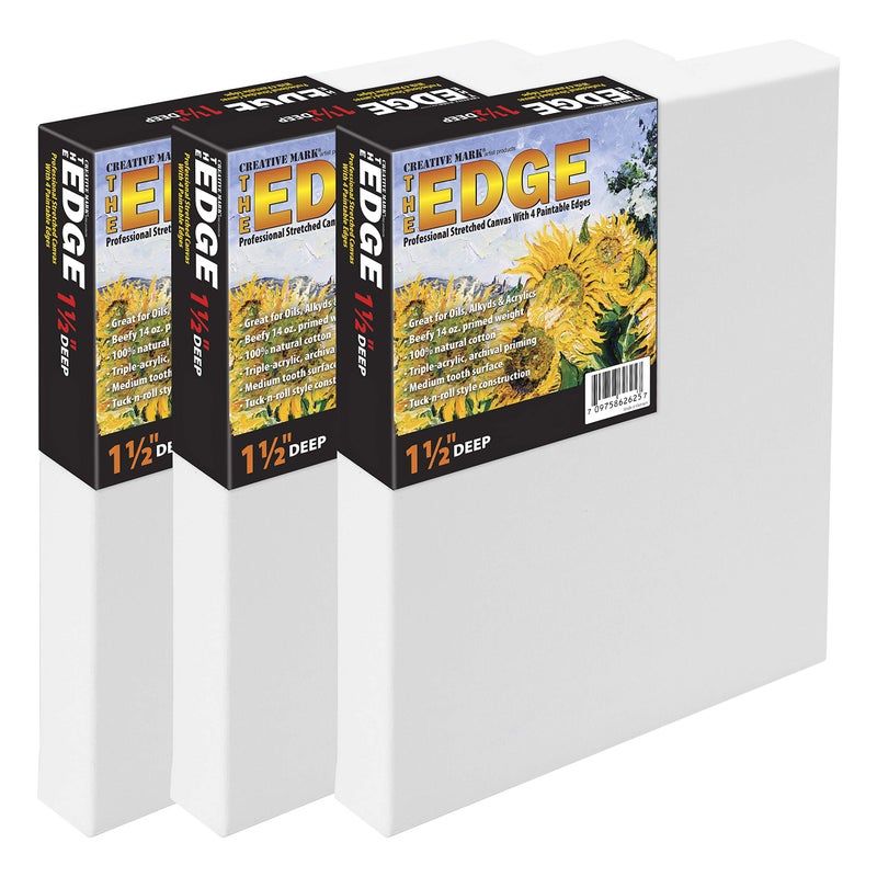 Creative Mark The Edge Deluxe Cotton 1-1/2" Deep Stretched Canvas for Painting, 12x12 Pack of 3, 14oz. Primed Weight, Universal Archival Priming, Medium Tooth, Hand-Stretched Canvas for Painters - Image 1